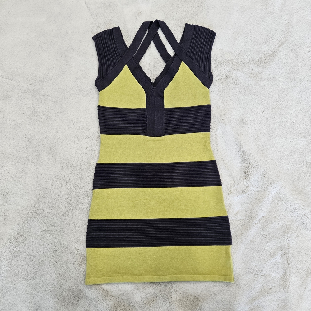 WOW couture Gray and Lime Green Striped Bandage Dress Bodycon Aughts Club Dress